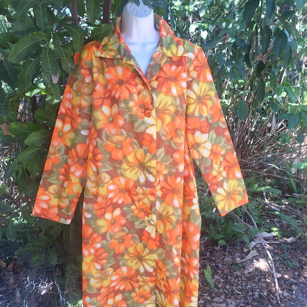 Vintage Aqua-Sheen Raincoat L Belted Orange Floral Hawaiian Aloha - Picture 2 of 5